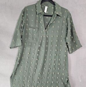 B Womens Tunic Mini Tee Shirt Dress Forest Green Pom Pom Vneck Roll-Tab SS Small